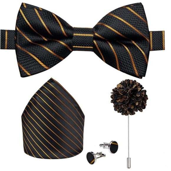 Pre-Tied Bow Ties for Men Black Gold Striped - Picture 1 of 7